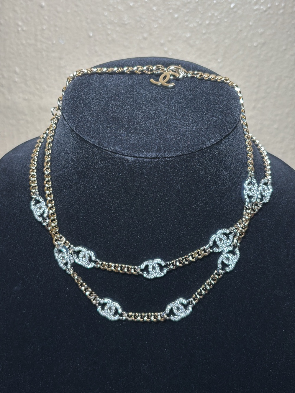 Gold Chain Necklace with Silver Crystal CC